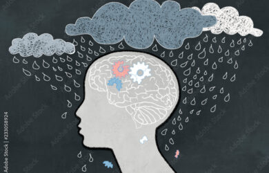 Depression Concept with Human, Broken Brain and Heavy Rain